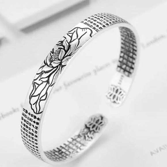 Unisex‎ Lotus Heart Sutra 999 Silver Cuff Bracelet, Size Adjustable - Picture 2 of 12